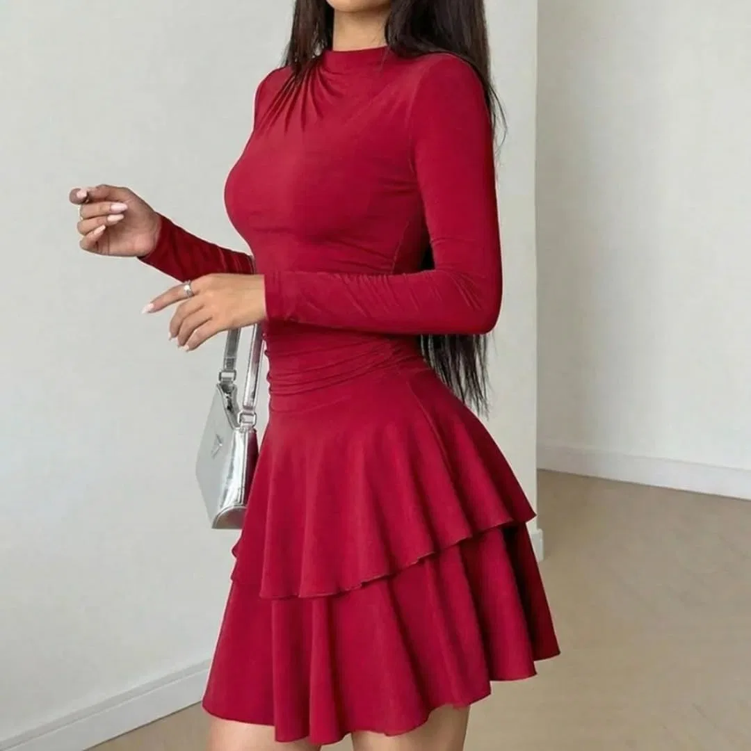 Женское короткое облегающее платье с высокой талией, Red — фото 2