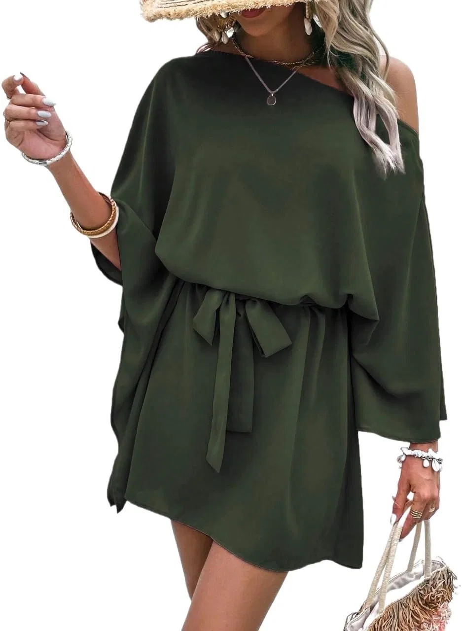 Женское летнее платье с асимметричным вырезом, Army Green