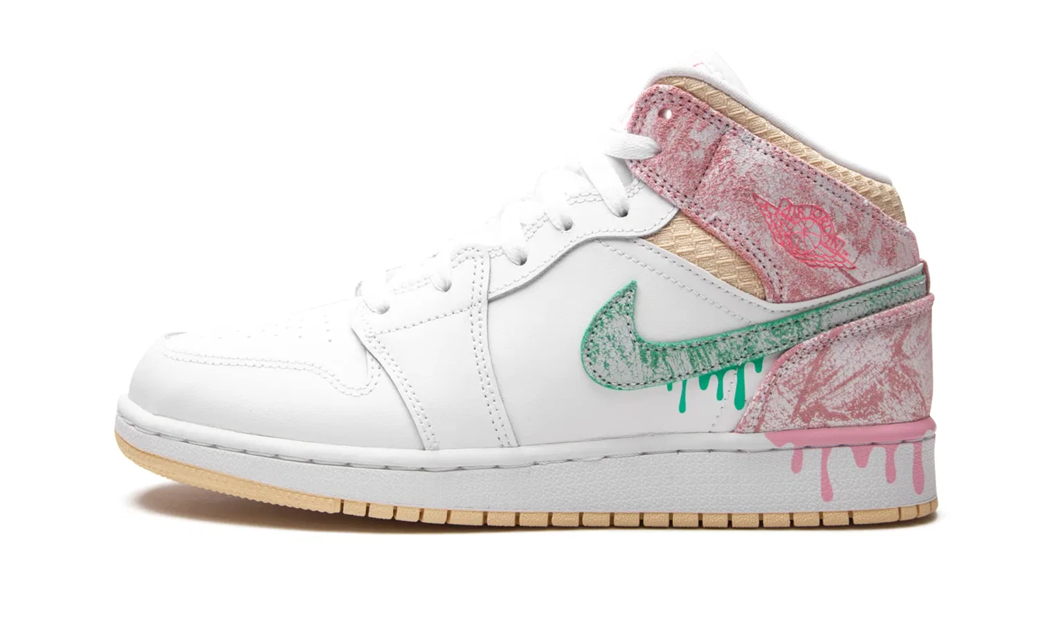 Детские кроссовки для девочек с принтом Air Jordan 1 Mid Se NIKE, White Pink Yellow Green