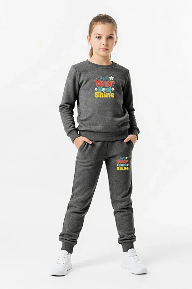 Детский комплект спортивного костюма для девочек с принтом Fyk Collection, Gray-Blue-Smoked — фото 4