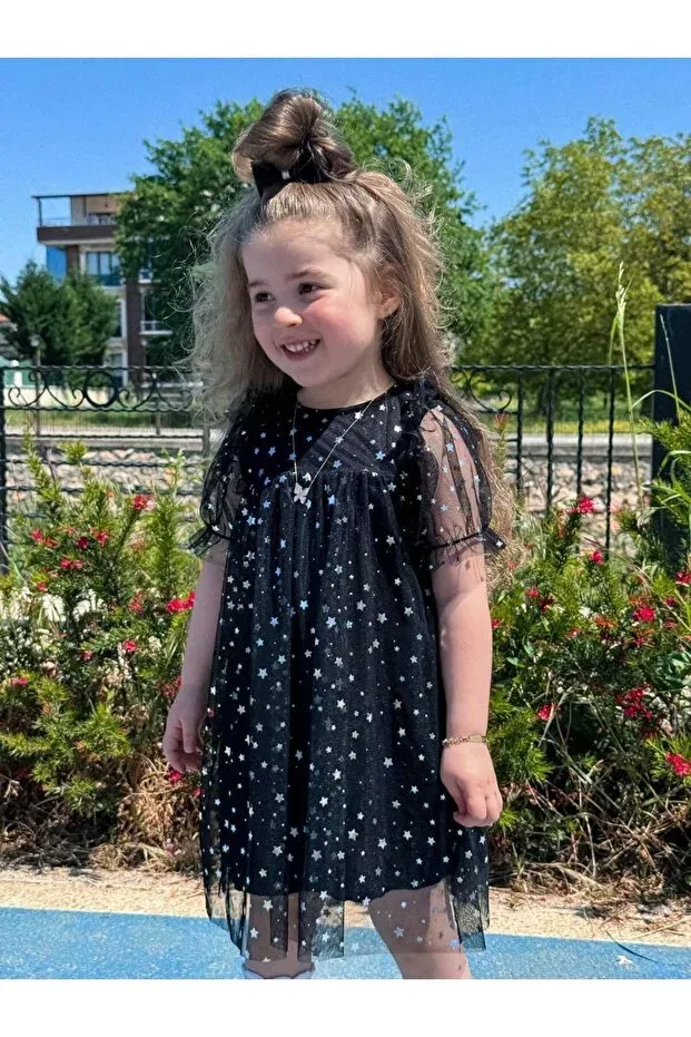 Детское платье для девочек с принтом Girl'S star patterned 100% cotton lined black chiffon summer dress with elastic sleeves Shop, Black