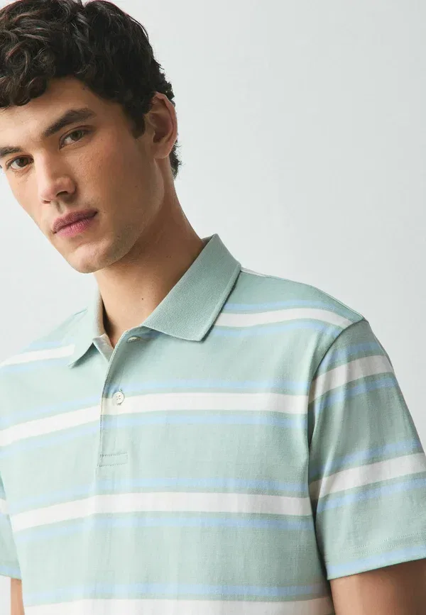 Футболка поло хлопковая Regular fit - horizontal striped polo shirt Next Sage Green, зеленый — фото 4