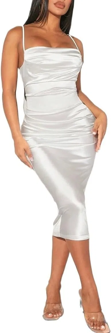 Женское сатиновое платье-миди с открытой спиной Slimming Cami, White
