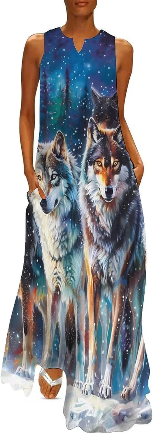 Женское повседневное платье без рукавов с разрезом A Group of Wolves Moonnight, Style-11