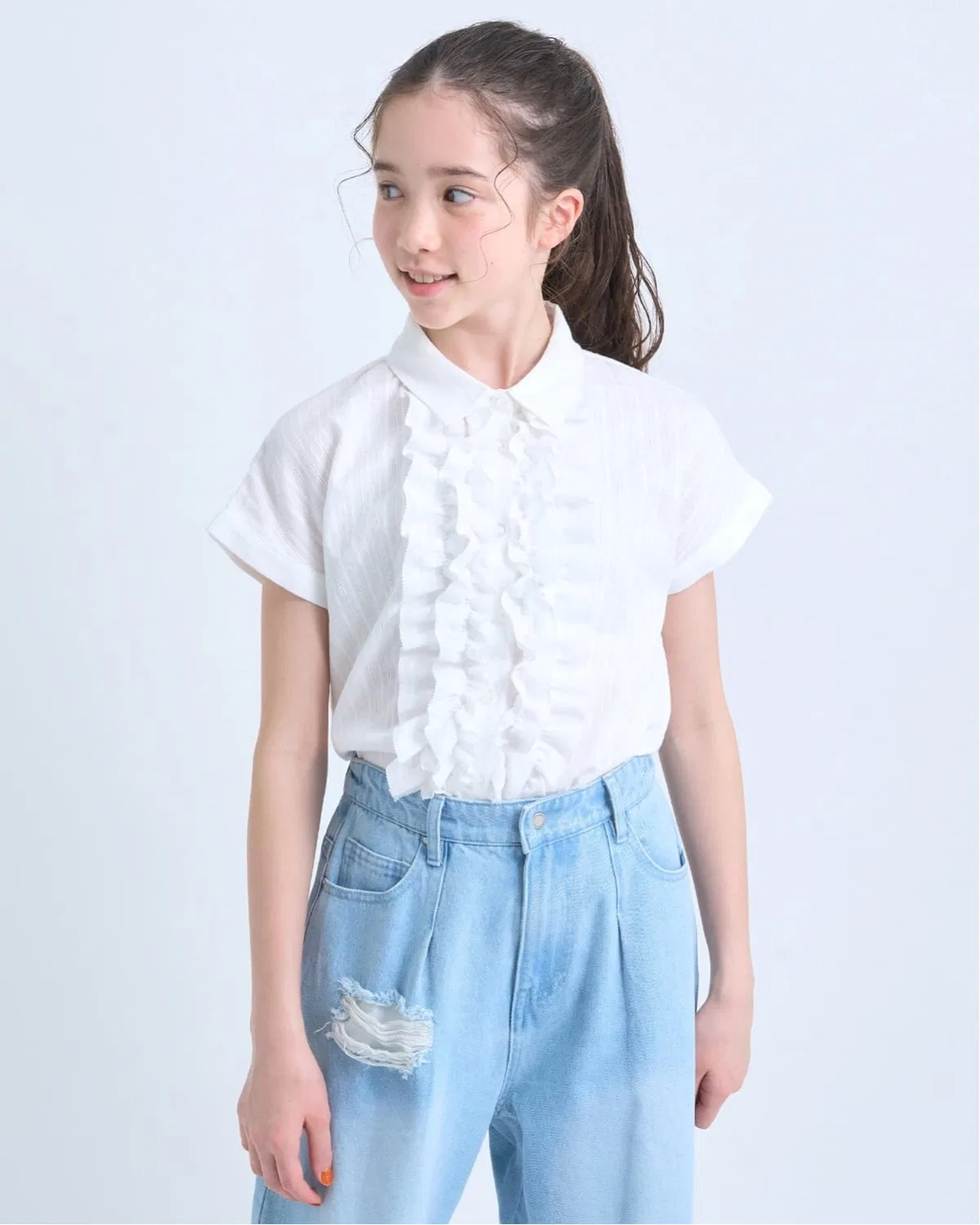Детская блузка с рюшами с длинным рукавомpom ponette junior, Off White
