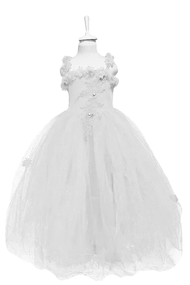 Детское платье для девочек с принтом Floral Glitter Printed Tartalan Children's Evening Dress Tulle Fluffy + Crown Mashotrend, White — фото 3