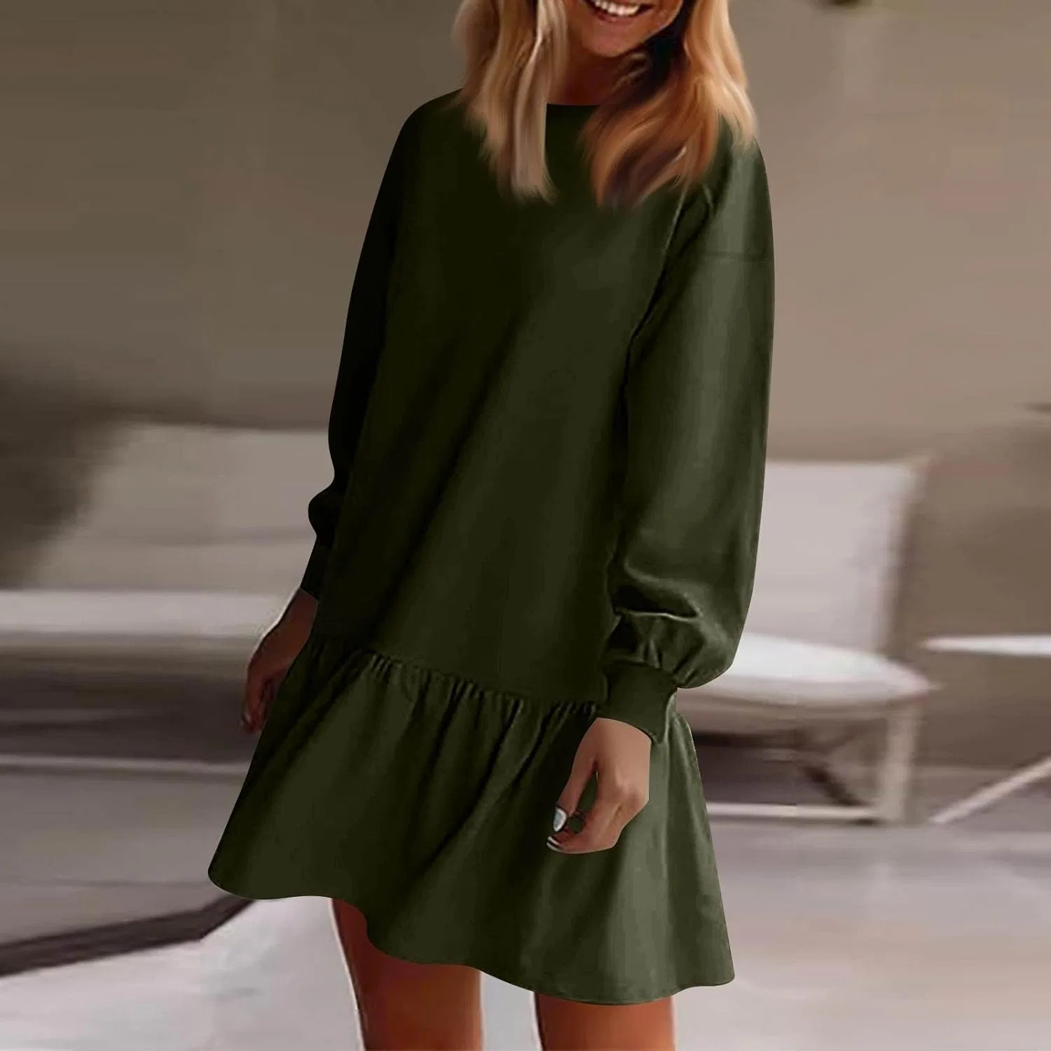 Женское платье-свитшот свободного кроя с длинным рукавом, Army Green — фото 3