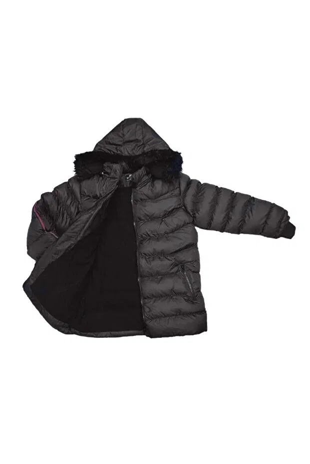 Детское пуховое пальто для девочек в полоску с капюшоном Lifeformoda, Black — фото 2