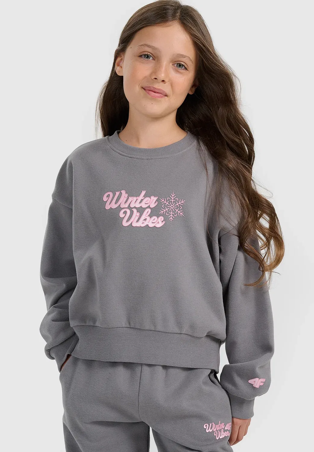 Bluza dresowa nierozpinana bez kaptura dziewczęca - толстовка 4F, Anthracite — фото 2