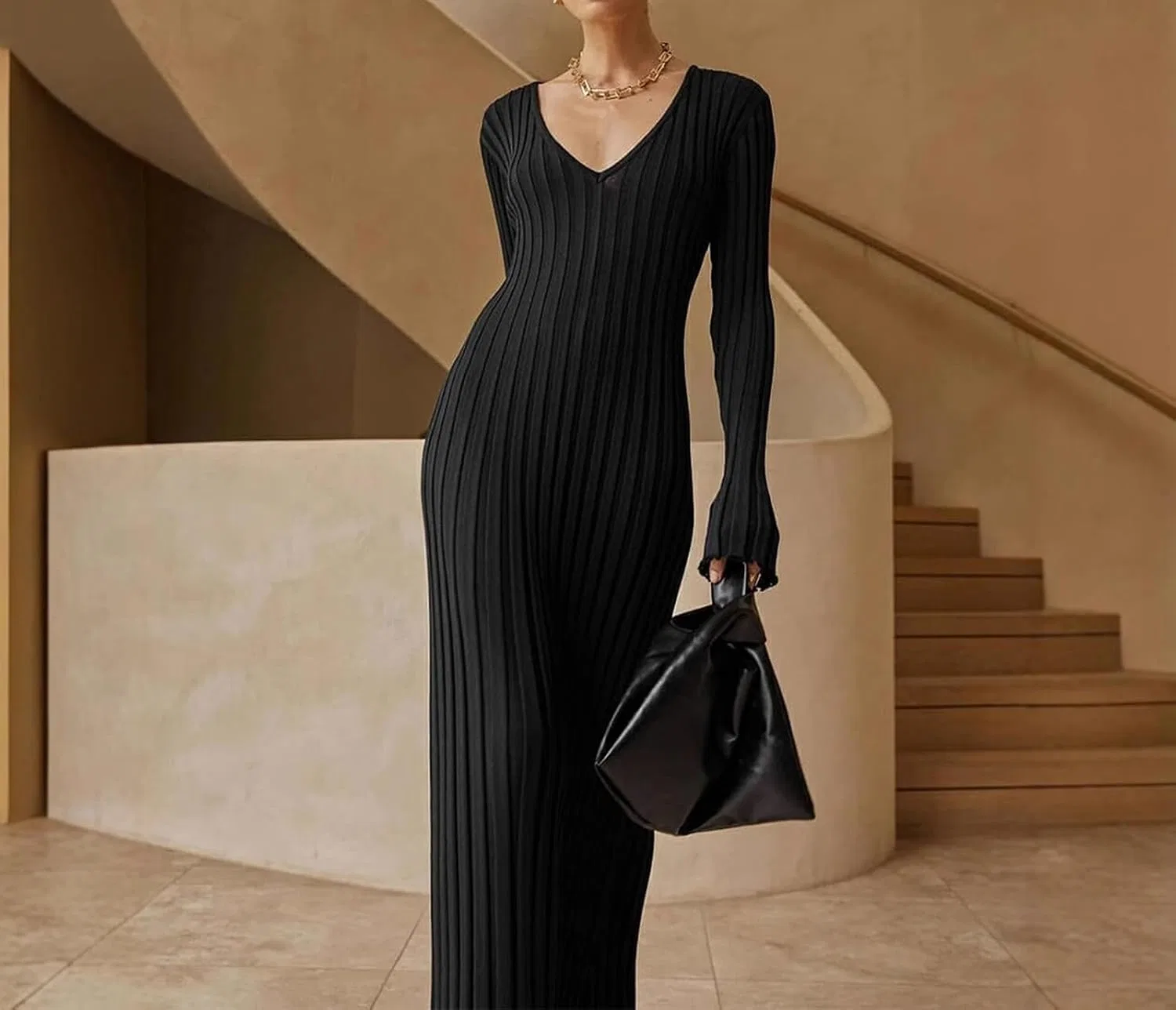 Женское платье-свитер с V-образным вырезом Ribbed Knit, 101 — фото 2
