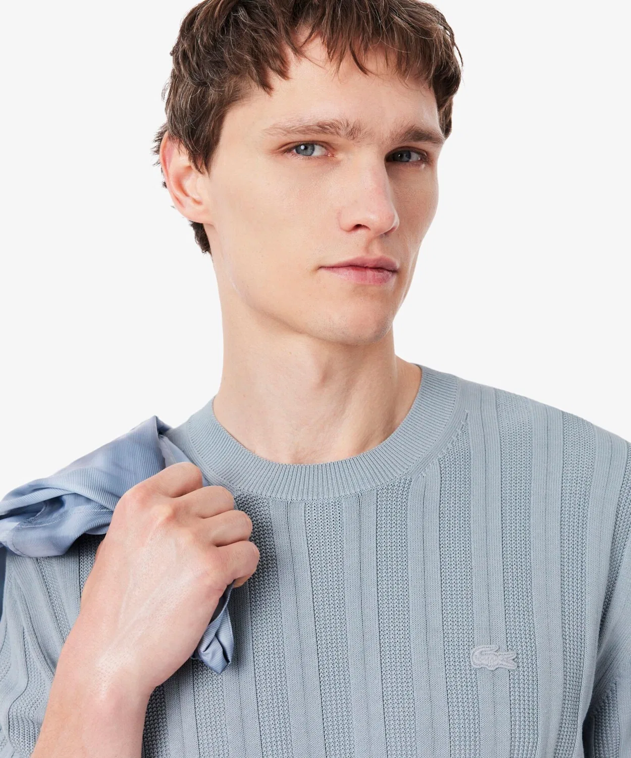 Мужской пуловер с коротким рукавом из полосатого риба Lacoste, Light Grey — фото 4