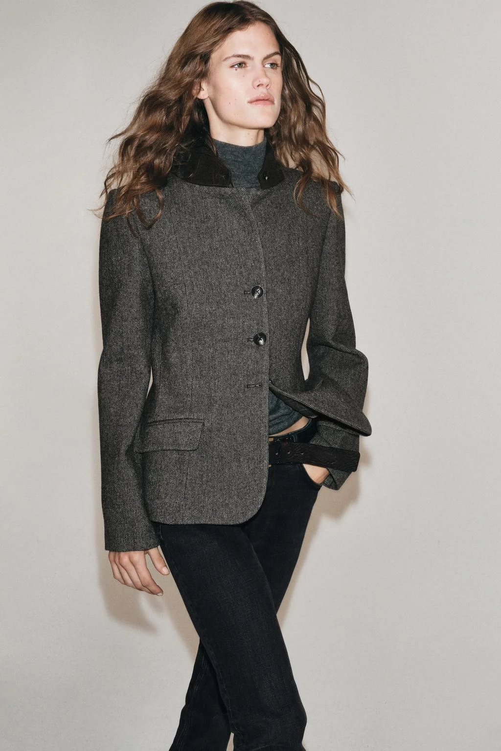 Блейзер Zara Entallada Con Lana ZW Collection, серый/коричнево‑бежевый — фото 4