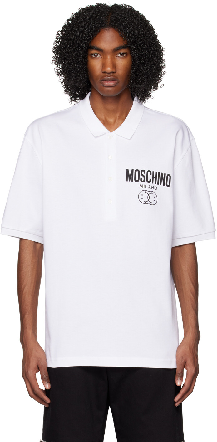 

Белая футболка-поло с двумя ремешками и смайликами Moschino, Белый, Белая футболка-поло с двумя ремешками и смайликами Moschino