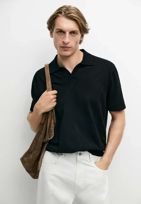 Футболка с V-образным вырезом Polo shirt Massimo Dutti, Mottled Dark Blue, темно-синий