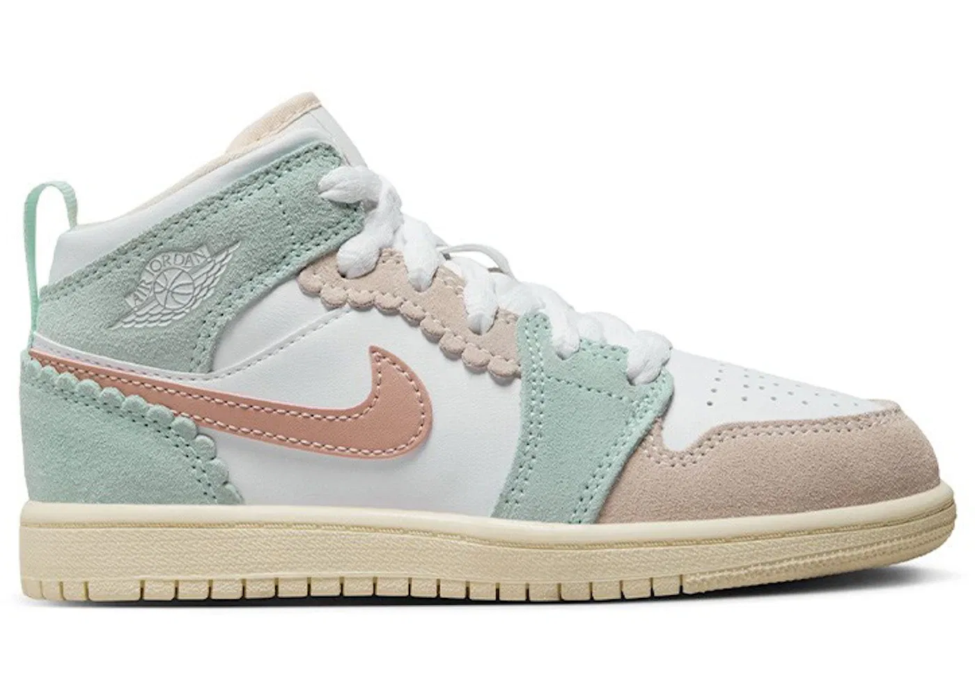 Детские кроссовки с кожаным верхом Jordan 1 Mid SE Jordan, White/Pink Oxford/Jade Ice/Guava Ice/Coconut Milk