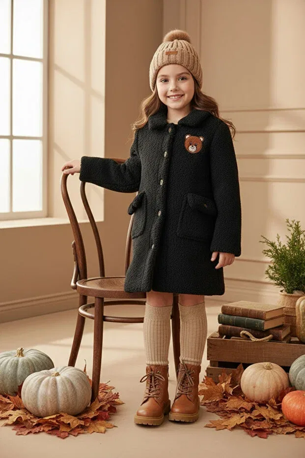 Детское пальто для девочек с принтом Teddy Bear Embroidered Hc Kids Wear, Black — фото 4