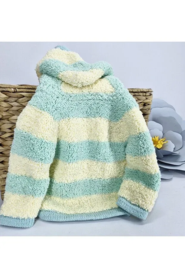 Детский кардиган для мальчиков с капюшоном Hand Knitted Hooded Boy's Cardigan Evitle, Yellow-Aqua Green — фото 3