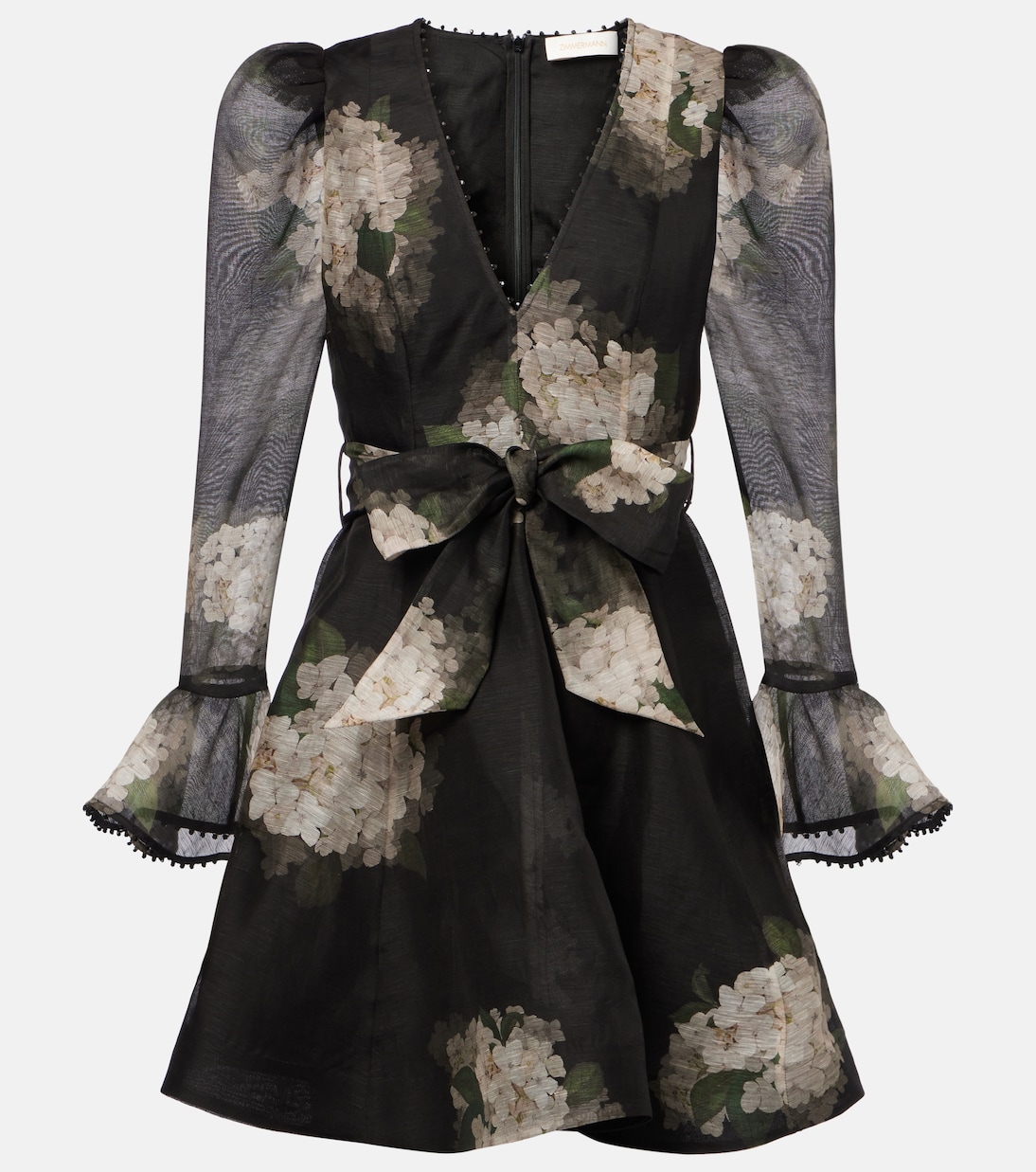

Мини-платье Balance из льна и шелка с цветочным принтом Zimmermann, Black Hydrangea