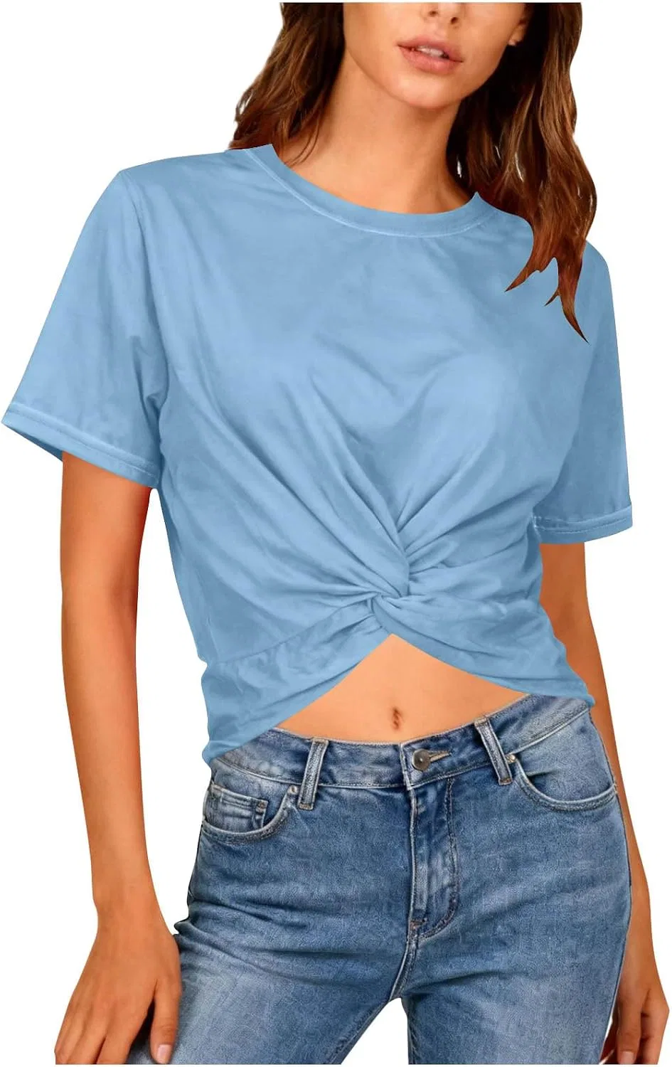 Женская короткая футболка с закрученным передом, Light Blue — фото 2