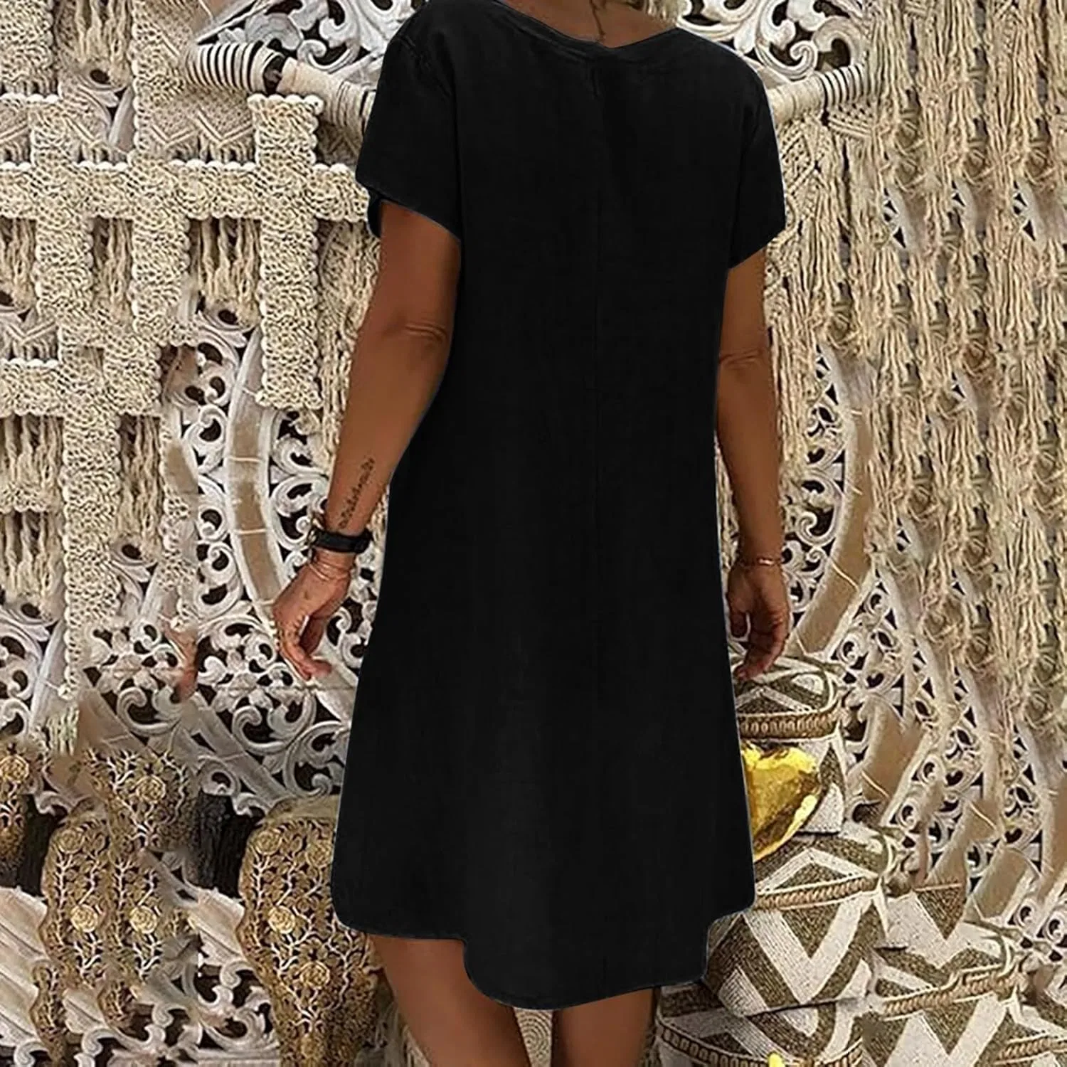 Женское платье миди с V-образным вырезом и пуговицами Linen Dress, Black — фото 3
