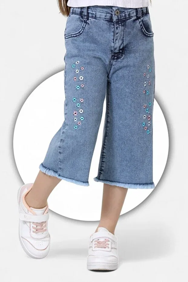 Детские шорты для девочек с вышивкой Sprinkled daisy embroidered-cotton-leg feather detailed-girl's bermuda Modiclas, Blue — фото 4