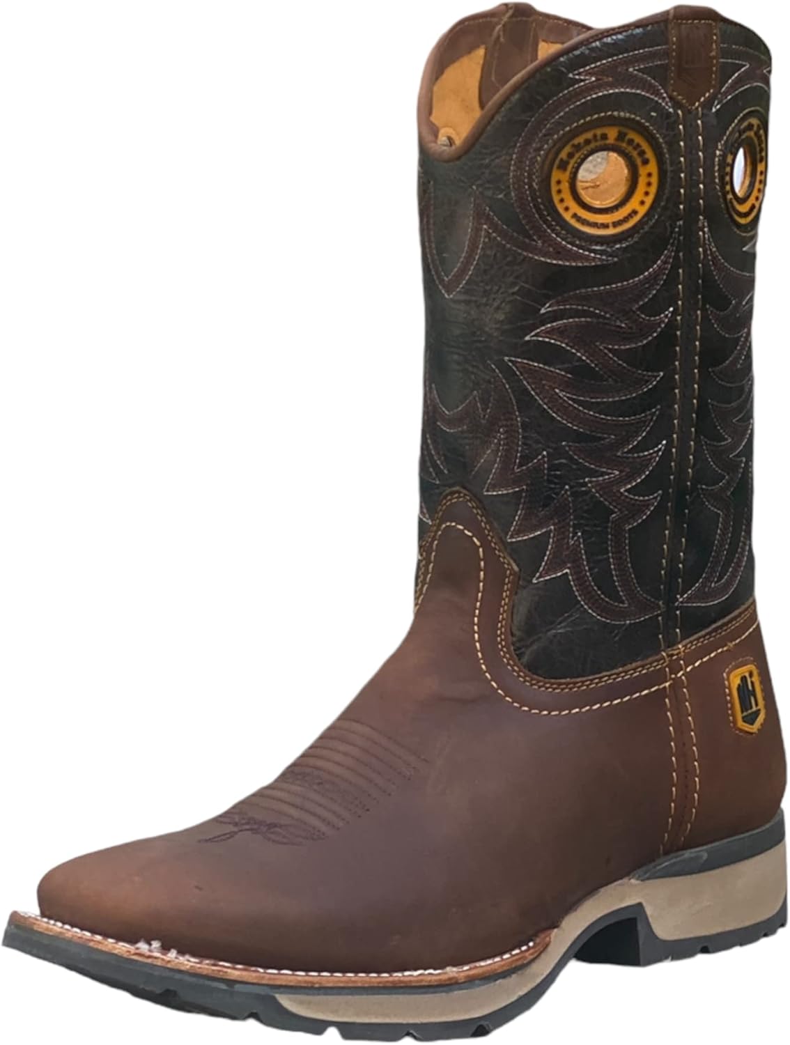 

Мужские премиальные сапоги KING USA TEXAS NK Hunter Shell Western из натуральной кожи с квадратным носком для охоты, родео, ранчо и работы ковбоя, Crazy H Miel/Ruby/Tabacco