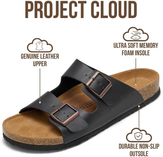 Мужские сандалии Project Cloud из 100 натуральной кожи с амортизирующей стелькой из натуральной пробки, сандалии с двумя ремешками и пряжками, летние нескользящие (Heritage), черный — фото 2