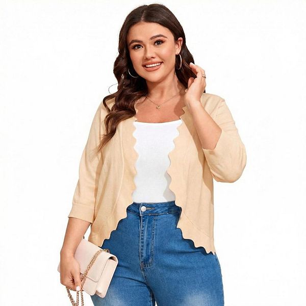 

Кардиган для женщин Plus size с рукавом 3/4, легкий, с волнистыми краями Seoria, Beige