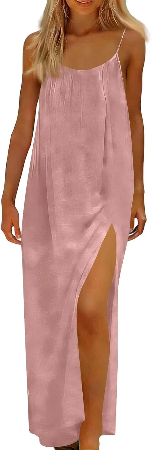 Женское макси-платье с открытой спиной на бретелях, Pink — фото 2