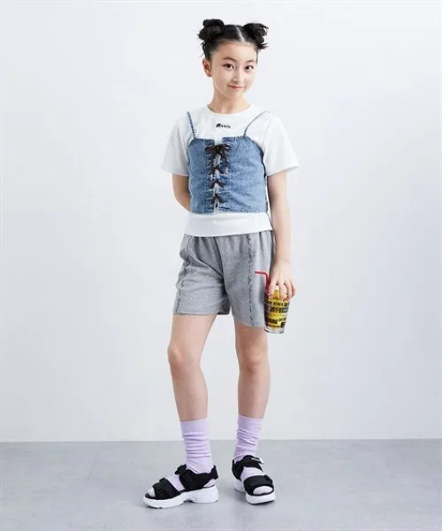 Детский комплект для девочек с принтом Лейси Ап Деним Бьюти T-Shirt QUNTSTYLE, Grey — фото 4