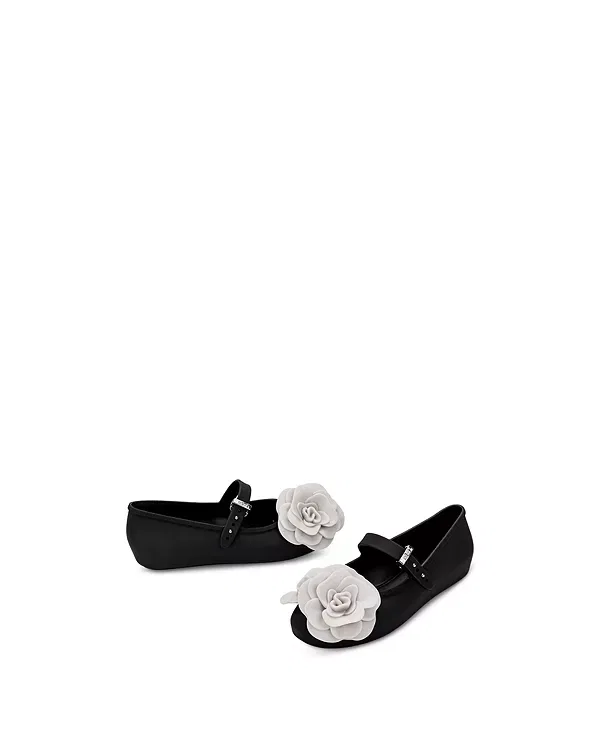 Детские балетки для девочек с цветочным украшением Mini Melissa, Black/Beige — фото 2