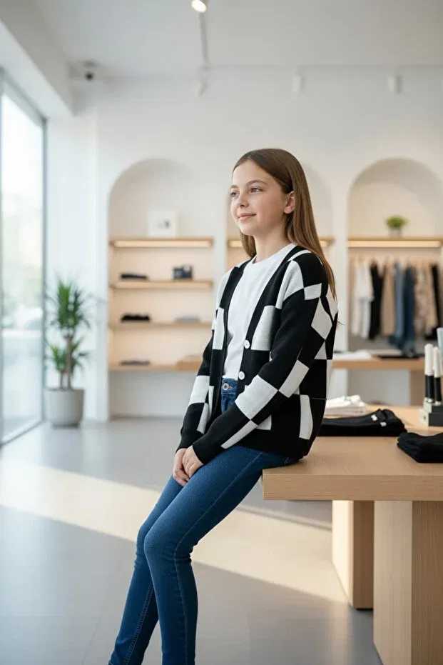 Детский вязаный кардиган с шахматным узором V-образным вырезом Minimoda Kids, Black — фото 2
