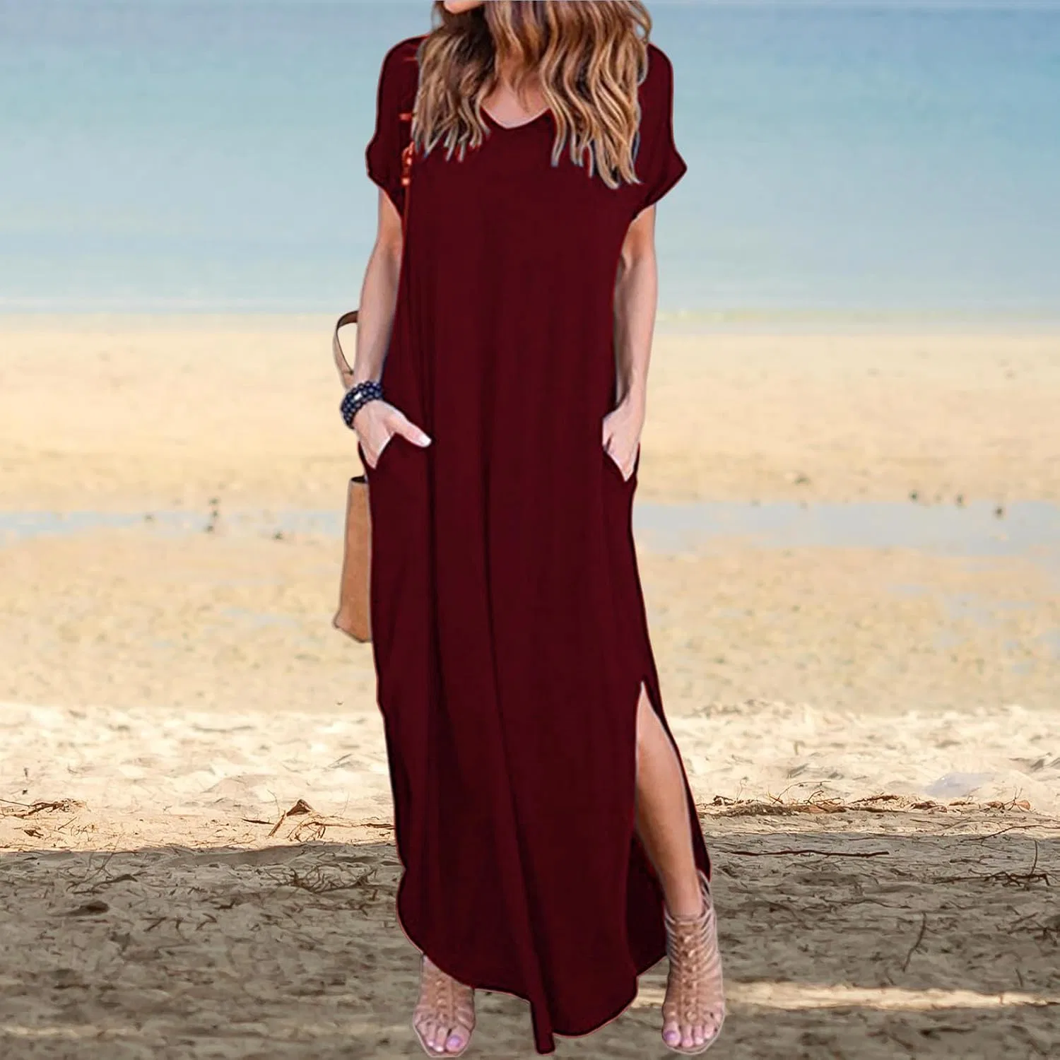 Женское летнее длинное платье-футболка с разрезом, Wine Red — фото 2