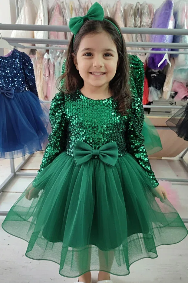 Детское платье для девочек с пайетками Velvet sequined long sleeve puffy children's evening dress Abiyekids, Green — фото 3