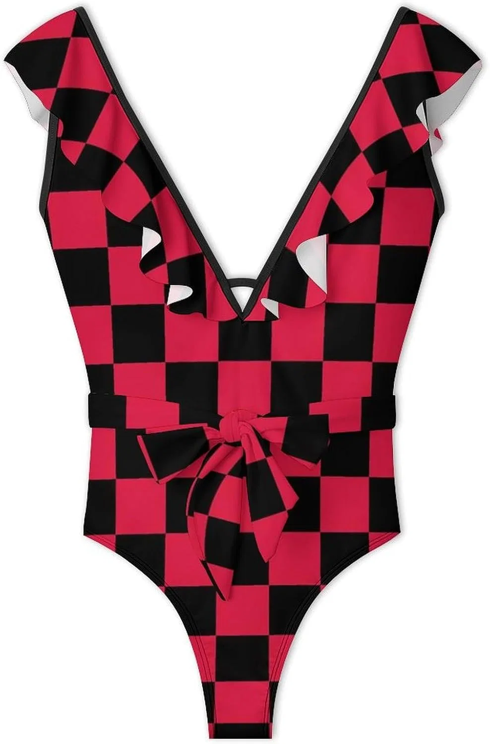 Женский цельнокроеный купальник с змеиным принтом, Red Black Checkered — фото 3