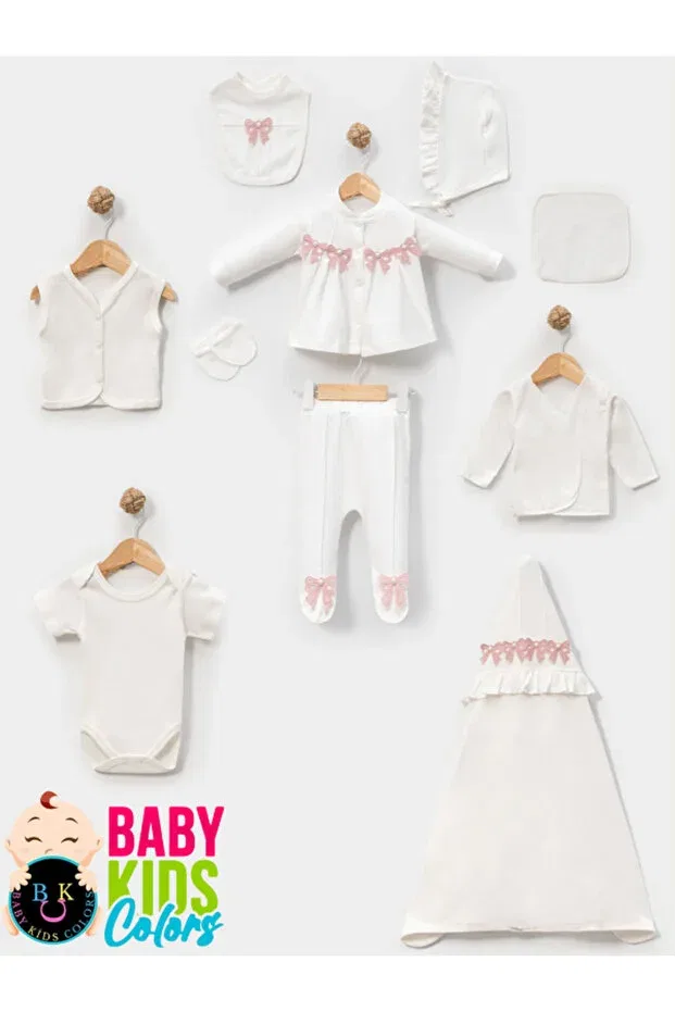 Детский комплект одежды для новорожденных девочек хлопковый Boxed - girl newborn clothes 10-piece hospital discharge sets 100% cotton with pearls Baby Kids Colors, Powder — фото 4