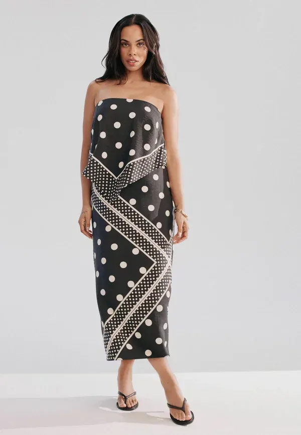 Платье миди с принтом горошек Tall fit - bandeau scarf detail day dress Next, Monochrome polka dot