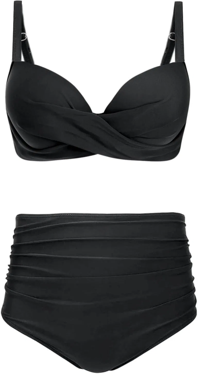 Танкини с высокой талией и поддержкой, Solid Color High Waist Bikini Set, Black — фото 4