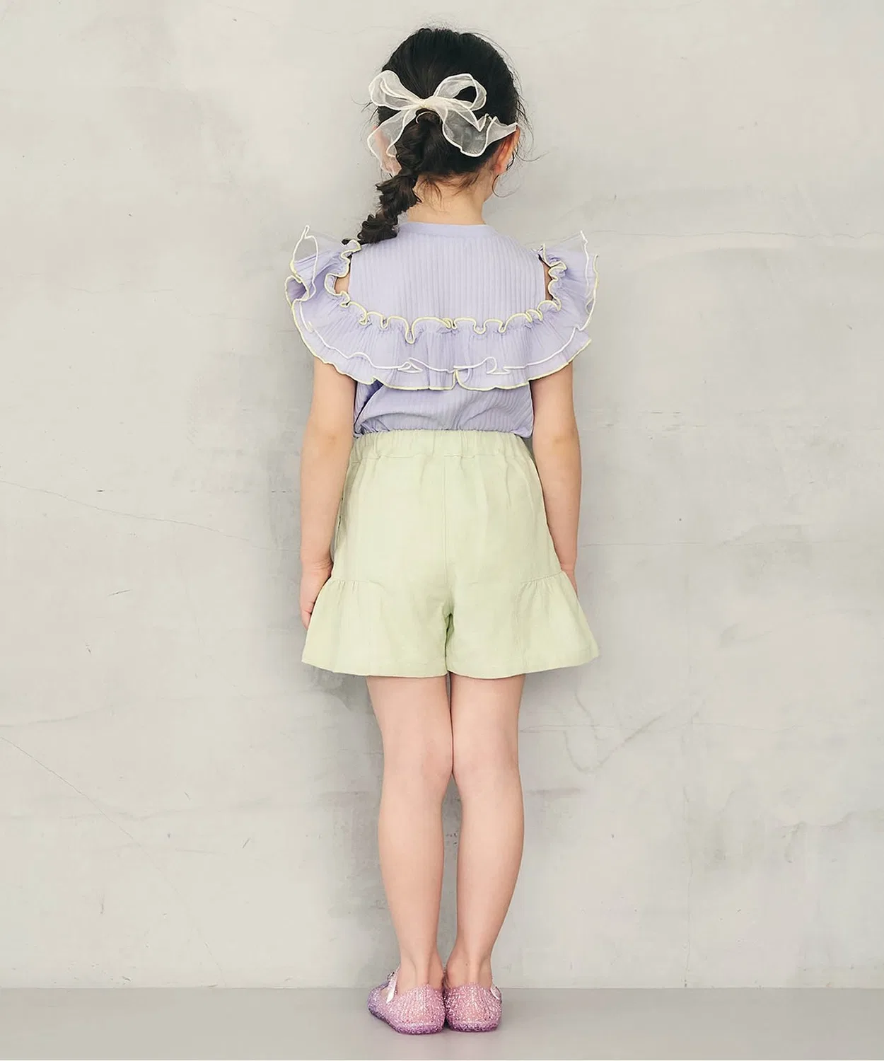 Детская футболка с длинным рукавомиз хлопка с тюлем, модель 2way shoulder, apres les cours, Pink — фото 4