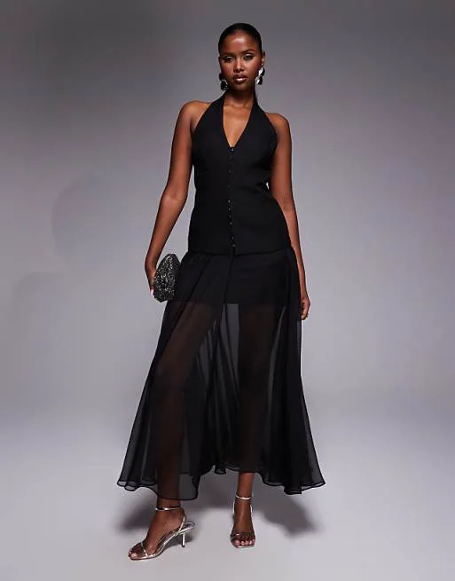 

Черное шифоновое платье макси строгого кроя с воротником-бретелькой Forever New