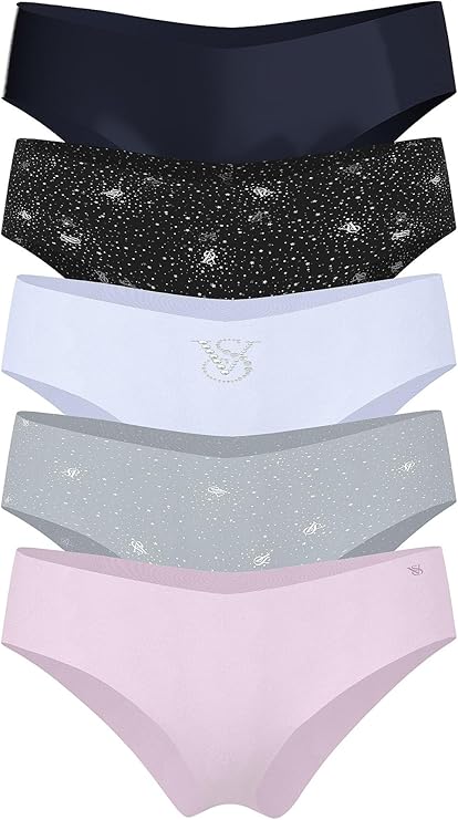 Комплект трусов Victoria's Secret Women's No Show Cheeky Underwear Minimal Coverage,5 штук, черный/синий/голубой/розовый