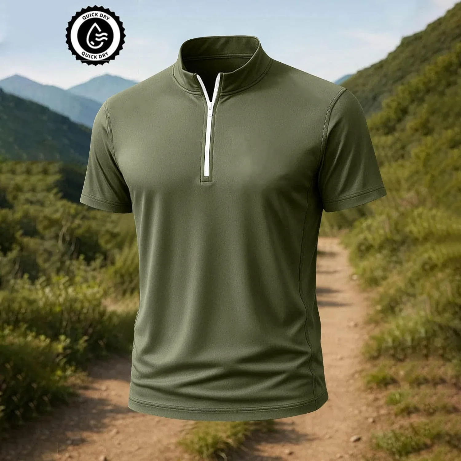 Мужская быстросохнущая футболка с четверть-застежкой Athletic Tees, Army Green — фото 3