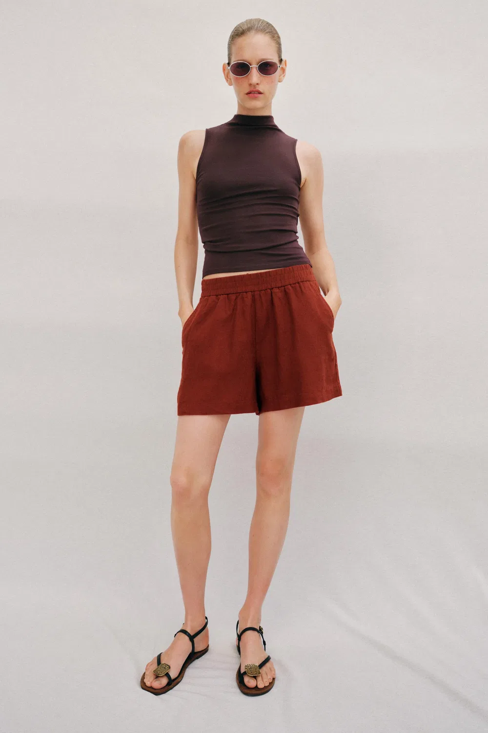 Бермудские шорты из льняной смеси с эластичным поясом ZARA, Russet
