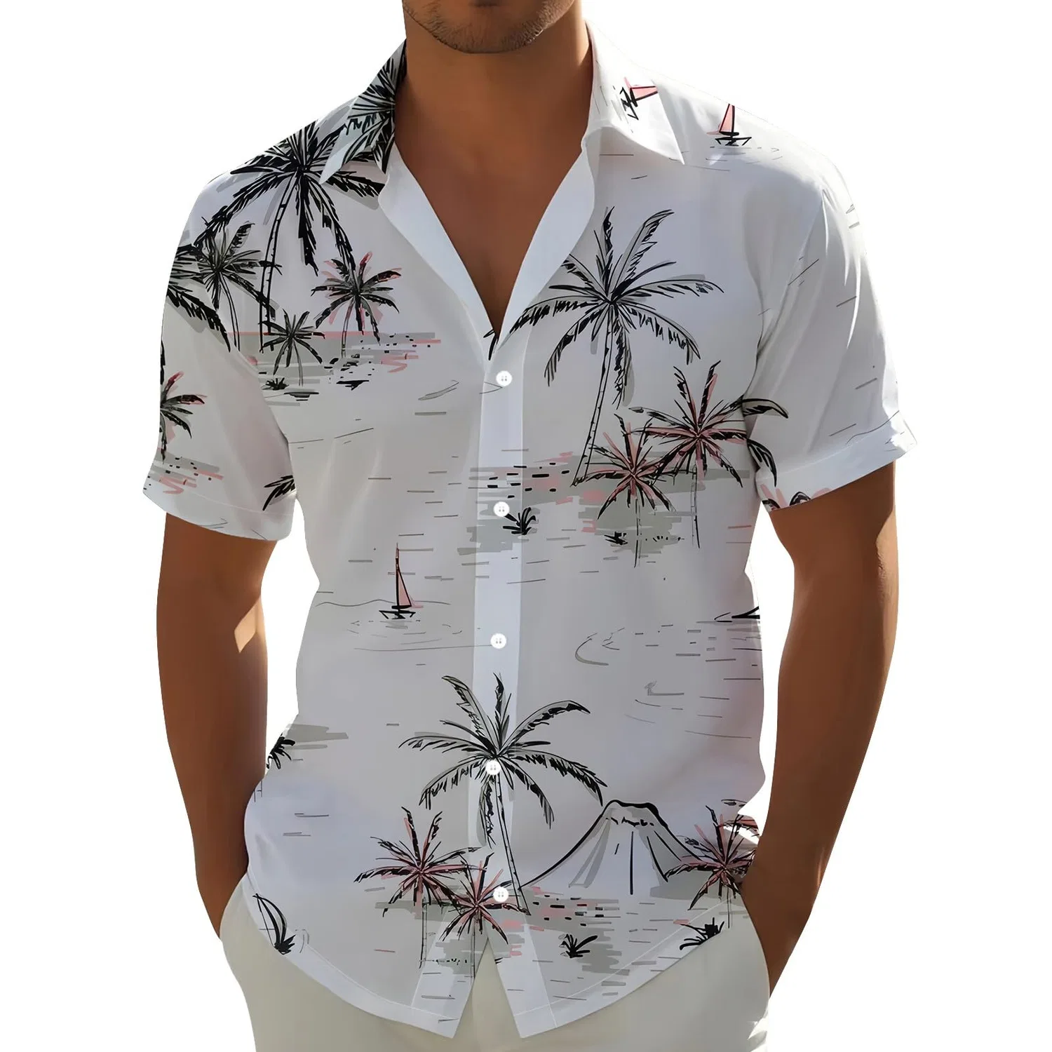 Мужская рубашка с коротким рукавом с принтом Coco Palm, Men's White Hawaiian Shirt