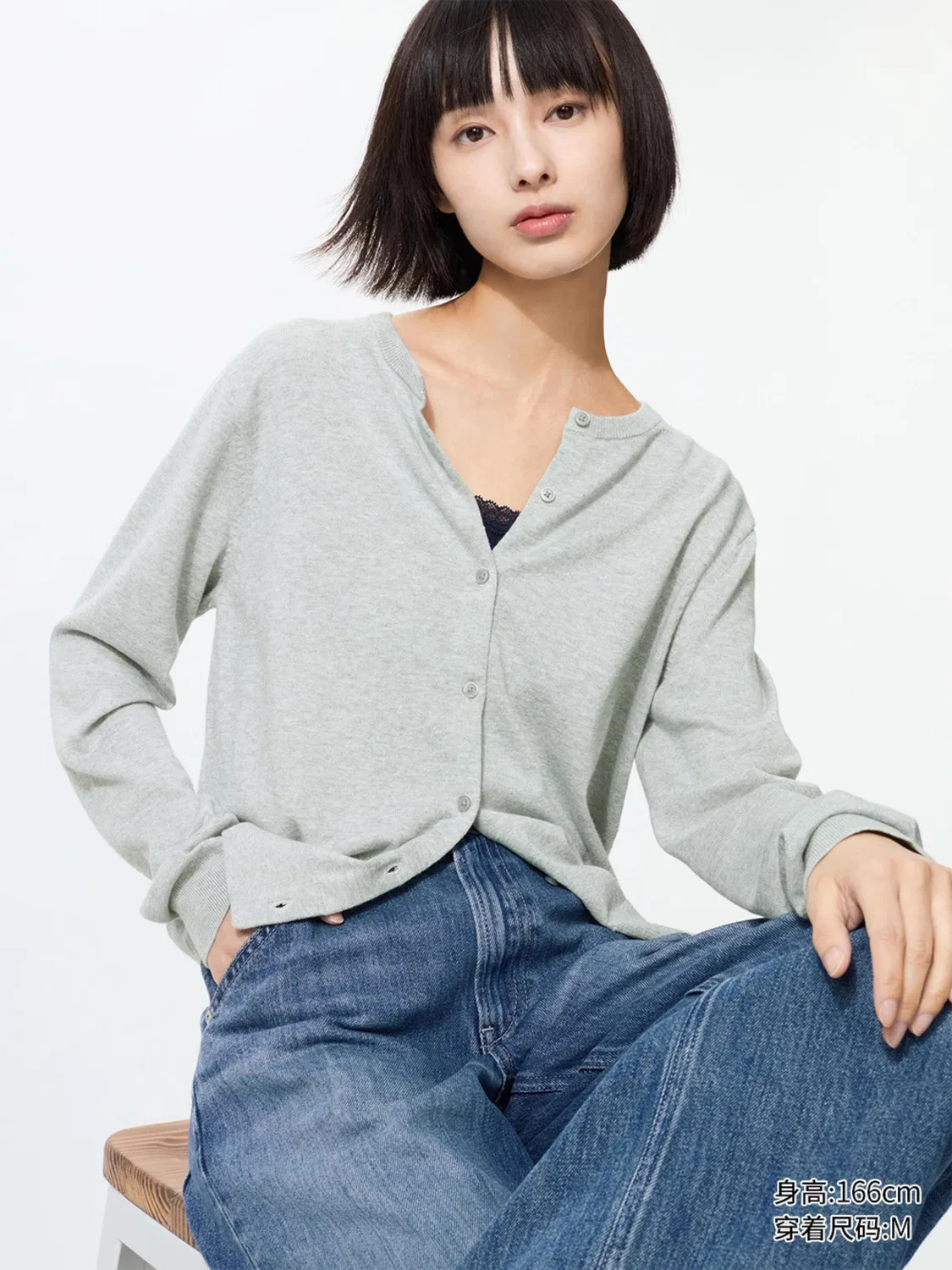 Кардиган вязаный с круглым вырезом из хлопка и модала Uniqlo, серый — фото 4