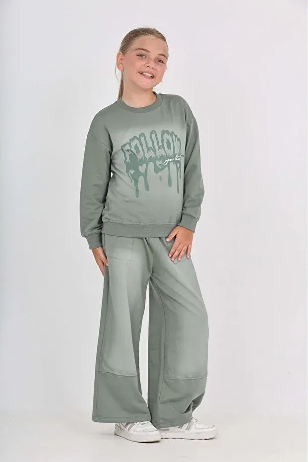 Детский комплект для девочек с принтом follow printed tracksuit set Toontoy, Green — фото 2