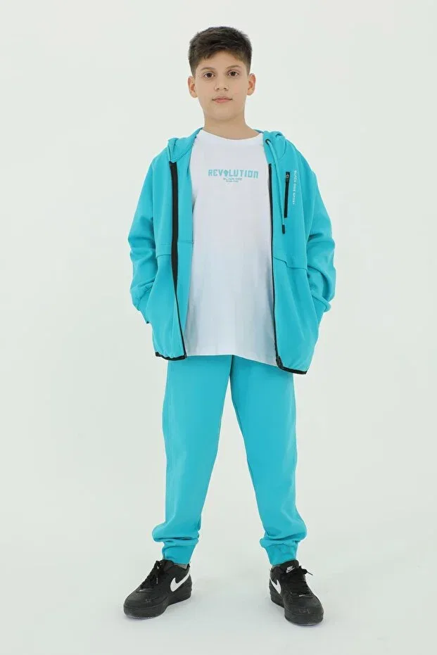 Детский комплект спортивного костюма для мальчиков с принтом Boy'S hooded three piece print detailed tracksuit set Black One, Lake Blue
