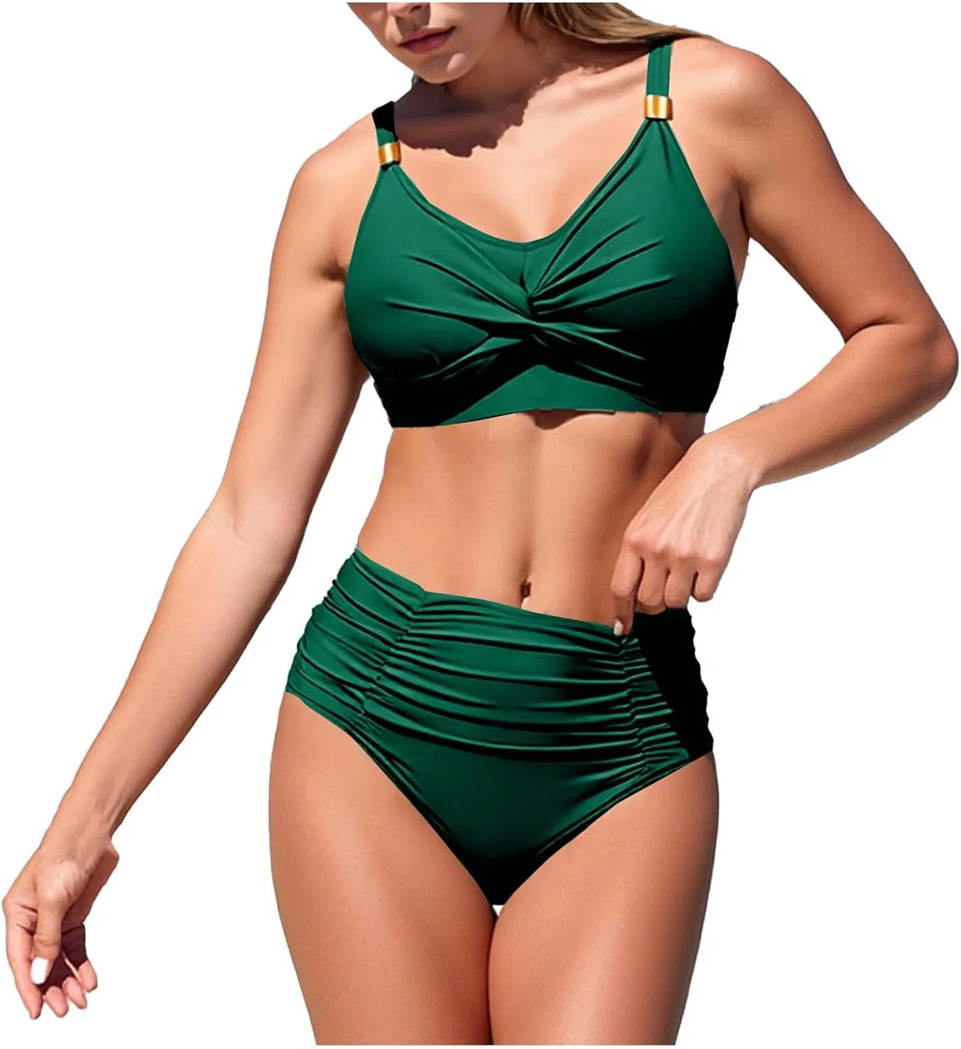 Женский купальный костюм двухкомпонентный с высокой талией, Green