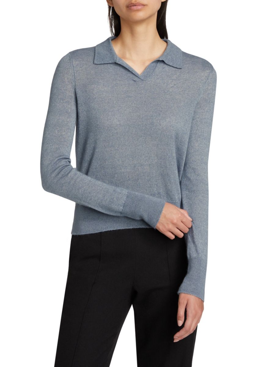 

Свитер-поло с длинными рукавами из смеси мериноса и кашемира Vince, цвет Iris Water