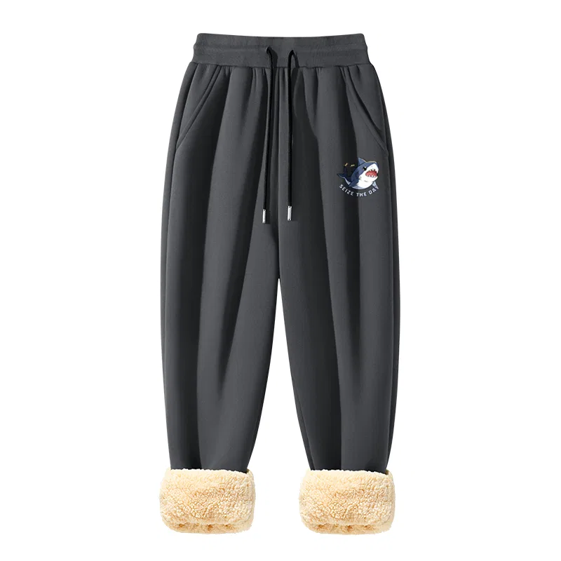 Детские утепленные спортивные штаны на флисе MINISO, Цвет: [Thermal Alpaca]Dark Gray (with Happy Shark Pants Logo)